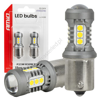 Żarówki LED STANDARD BA15S P21W 3030 15SMD białe 12V 24V AMIO-05000