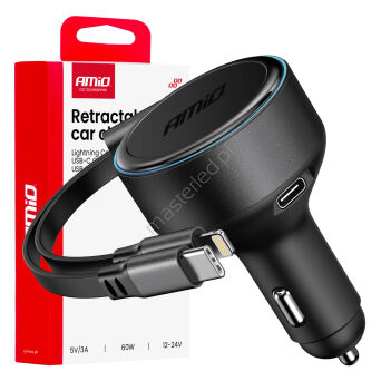 Ładowarka samochodowa ze zwijanym kablem typ C + lightning iPhone + USB-C 12V 24V 60W AMIO-04370