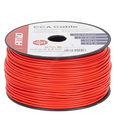 Przewód jednożyłowy czerwony CCA 1x0.75mm2 100m 3.75A 12/230V AMIO-04450