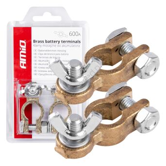 Klemy zaciski akumulatora mosiężne MOTYL 600A 2 szt. blister AMIO-02956