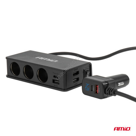 Rozdzielacz gniazda zapalniczki z ładowarką 3xUSB-A USB-C QC 3.0 PD 3.0. 148W AMIO-04836