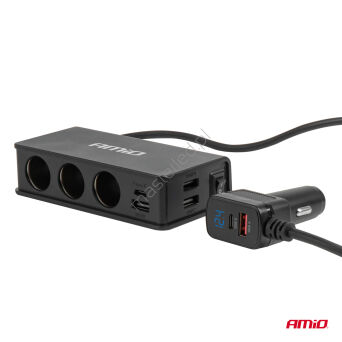 Rozdzielacz gniazda zapalniczki z ładowarką 3xUSB-A USB-C QC 3.0 PD 3.0. 148W AMIO-04836
