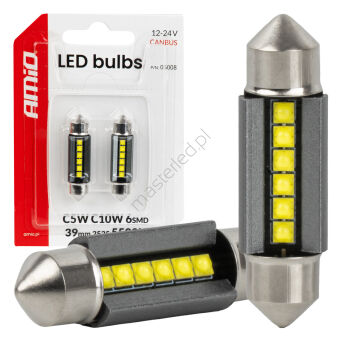 Żarówki LED CANBUS C5W C10W 39MM 2525 6SMD białe 12V 24V AMIO-05008