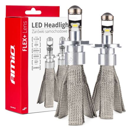 Żarówki samochodowe LED seria FLEX+ H4 soczewka 12V 24V 6000K Canbus AMIO-03658