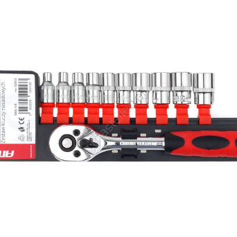 Klucz nasadowy grzechotka zestaw 11 szt. 1/4" 4-13mm AMIO-02413