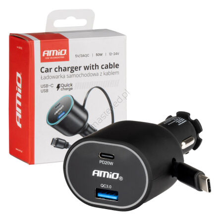 Szybka ładowarka samochodowa ze zwijanym kablem 50W PD30W PD20W + QC3.0 USB-A USB-C AMIO-04176