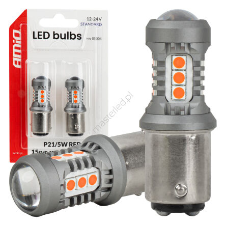 Żarówki LED STANDARD BAY15D P21/5W 3030 15SMD czerwone 12V 24V AMIO-05004