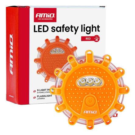 Lampa ostrzegawcza awaryjna z funkcją latarki 3xAAA IP65 12SMD + 3SMD światło czerwone AMIO-02499