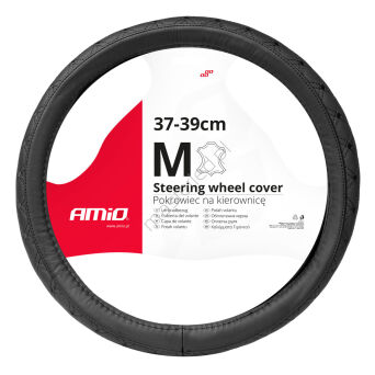 Pokrowiec skórzany pikowany nakładka na kierownicę samochodową M 37-39cm SWC-51-M AMIO-03561