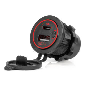 Ładowarka samochodowa z gniazdami USB wodoodporna USB + USB-C QC3.0 12V 24V AMIO-04221