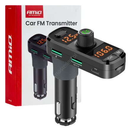Transmiter samochodowy FM 2×USB-A 1×USB-C mircoSD 12V 24V AMIO-04653