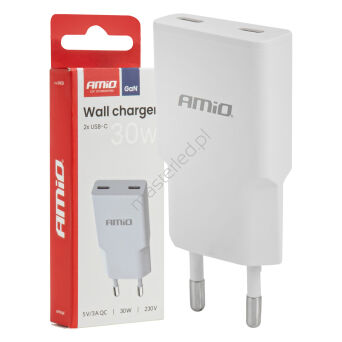 Ładowarka sieciowa 230V 30W GaN 2xUSB-C AMIO-04839