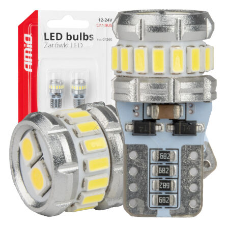 Żarówki LED CANBUS T10 W5W 16SMD 2SMD 3014 3030 White 12V 24V AMIO-04260